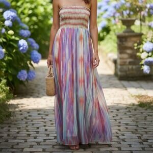 She's Cool Strapless Smocked Maxi Dress XL Multicolor Flowy Chiffon Boho Summer